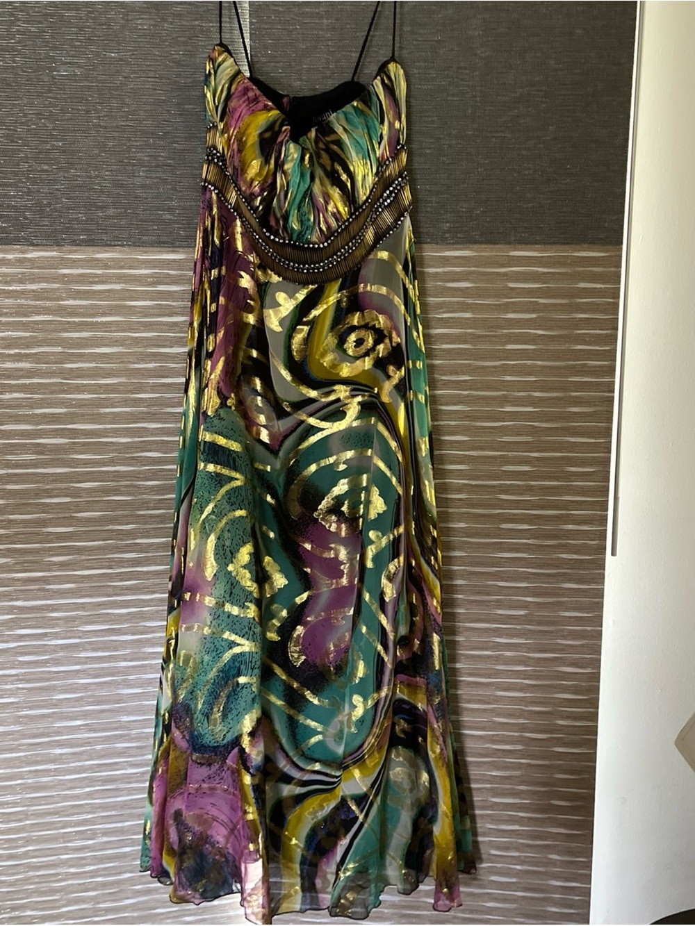 Jovani Silk Multicolor Strapless Beaded Maxi Dress Gown - Green/Purple/Gold